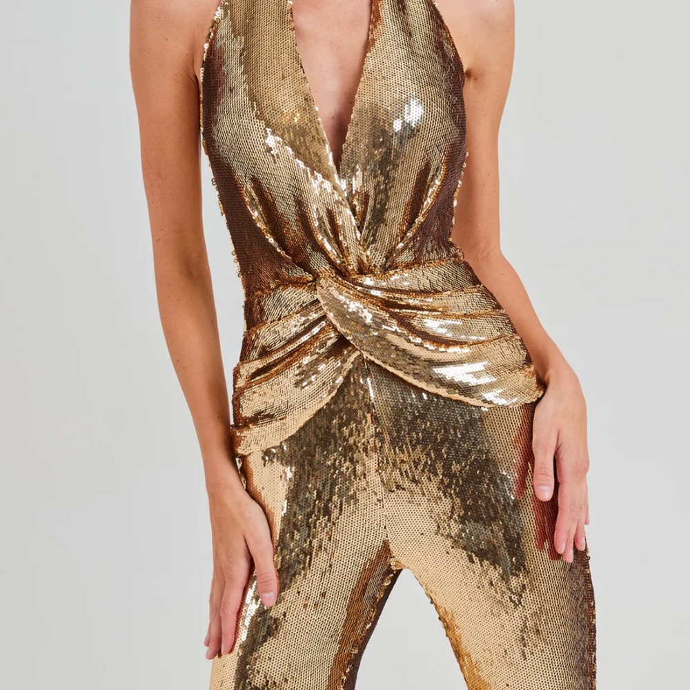 NADINE MERABI Tianna Gold Sequin Jumpsuit - Picture 3 of 16